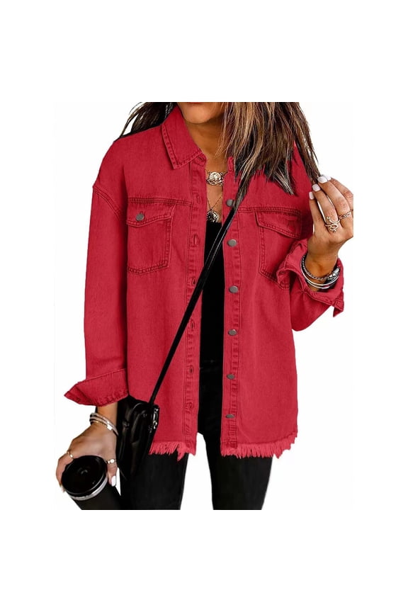 Women's Distressed Denim Shacket Oversized Lapel Button Front Jean Jackets with Pockets Fall Outwear Red S