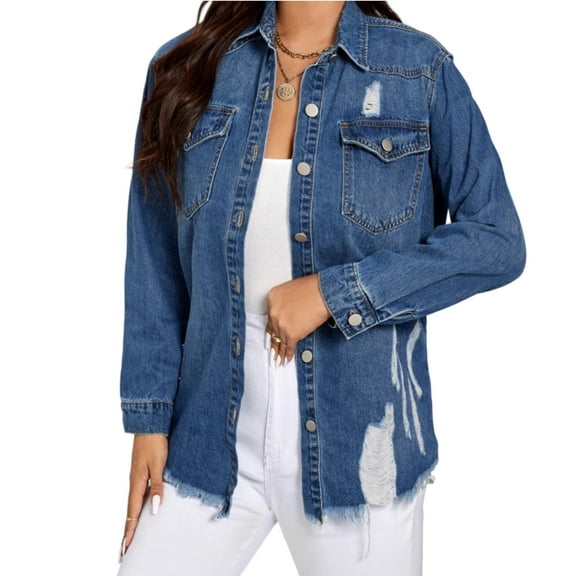 Women's Distressed Denim Shirt, Button-Up Shirt-S