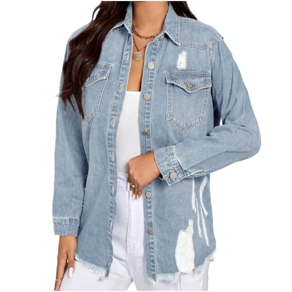 Women's Distressed Denim Shirt, Button-Up Shirt-S