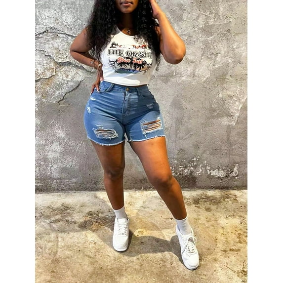 Women's Distressed Denim Shorts Curve Hugging Frayed Hem Summer Jeans