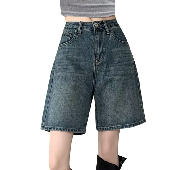 Women's Distressed Denim Shorts Mid-Rise Wide Leg Summer Casual Shorts with Pockets, Comfortable Stretch Washed Boyfriend Jean Shorts for Street Fashion,Blue S