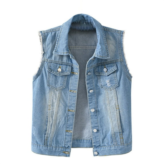 Women's Distressed Denim Vest Sleeveless Lightweight Spring Summer Layer Light Blue XXXXXXL
