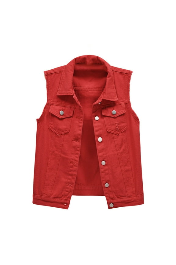 Women's Distressed Denim Vest Sleeveless Lightweight Spring Summer Layer Red XXXL
