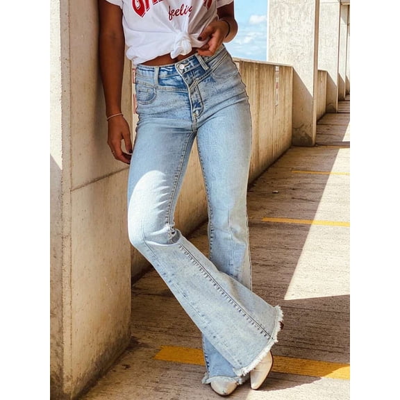 Women's Distressed Frayed Hem Flare Jeans, High Waist Elastic Pants for Street Daily Wear