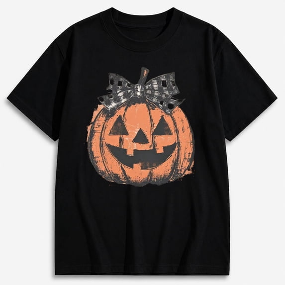 Women's Distressed Jack-o-Lantern with Bow Pumpkin Shirt, Halloween Graphic Short Sleeve T-Shirt