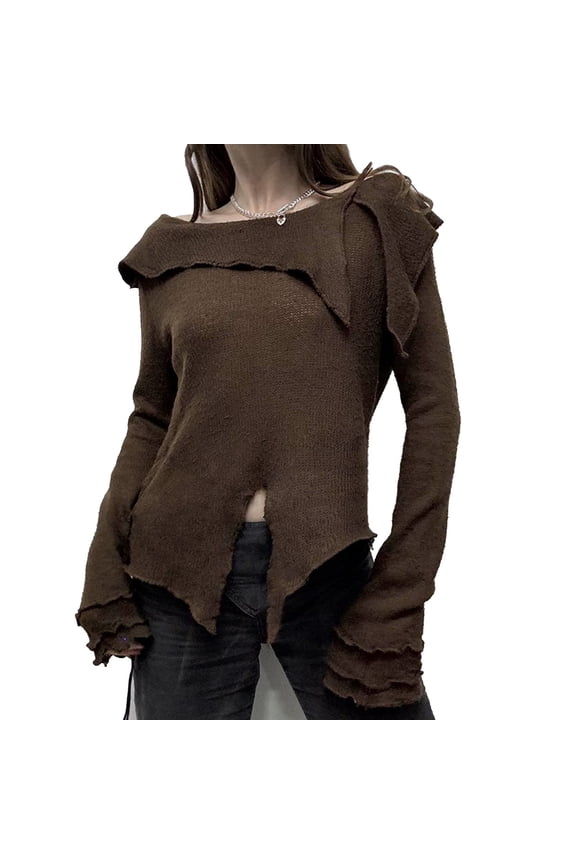 Women's Distressed Knit Boat Neck T-Shirt Retro Dense Edge Sleeve Top Stylish Design Comfortable Casual Wear 2024 Fashion Trend