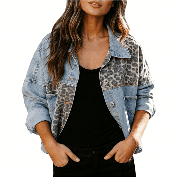 Women's Distressed Leopard Denim Jacket Long Sleeve Washed Button Down Ripped Jean Coat
