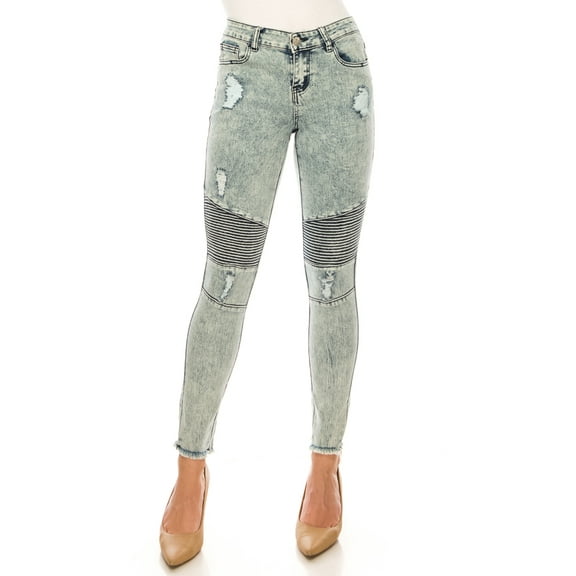 Women's Distressed Moto Jeans, Acid Wash Denim, Frayed Hem, Ribbed Knee Panels-ED19030-SB