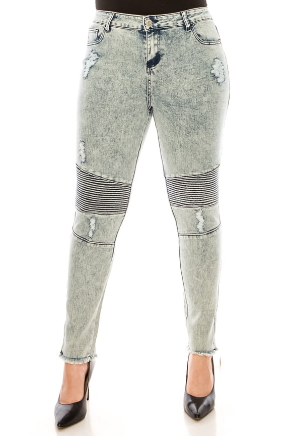 Women's Distressed Moto Jeans, Acid Wash Denim, Frayed Hem, Ribbed Knee Panels-ED19030-SB
