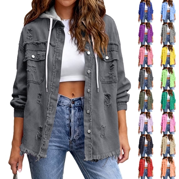 Women's Distressed Patchwork Mid-Length Denim Jacket Fashion Casual Loose Outerwear Light Purple L