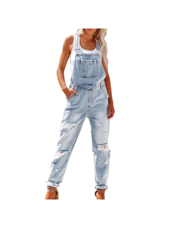 Women's Distressed Ripped Denim Overalls Casual Sleeveless Jumpsuit Vintage Loose Comfy Straight Leg Jumpsuit with Pockets Trendy Outfits Clothes