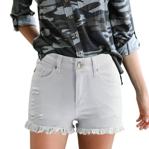 Women's Distressed Ripped Denim Shorts Cute Stretchy Jeans Casual Plain High Waisted Hem Jeans Summer Hot Shorts(XL,White)