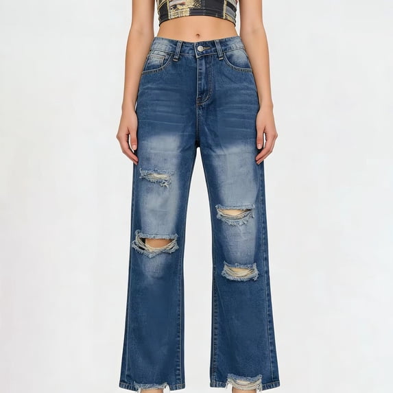 Women's Distressed Ripped Jeans, High Waist Straight Leg Wide Denim Pants, Vintage Washed Casual Jeans for Everyday Wear, Y2K Wide Leg Jeans and Retro Streetwear-Blue