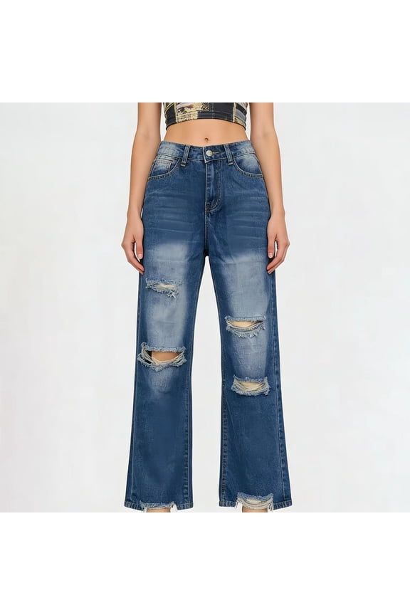 Women's Distressed Ripped Jeans, High Waist Straight Leg Wide Denim Pants, Vintage Washed Casual Jeans for Everyday Wear, Y2K Wide Leg Jeans and Retro Streetwear-Blue