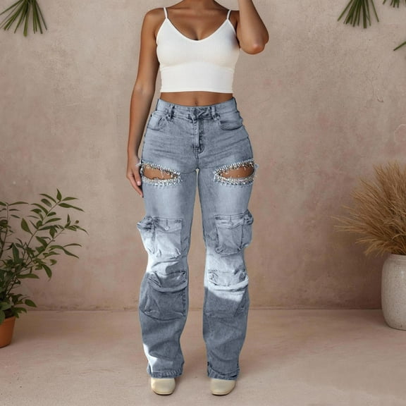 Women's Distressed Straight Leg Jeans High Waisted Stretch Denim Pants with Rhinestone Decorations for Casual Wear
