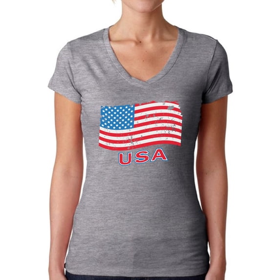 Women's Distressed USA Flag V-neck T-shirt USA Independence Day 4th Of July