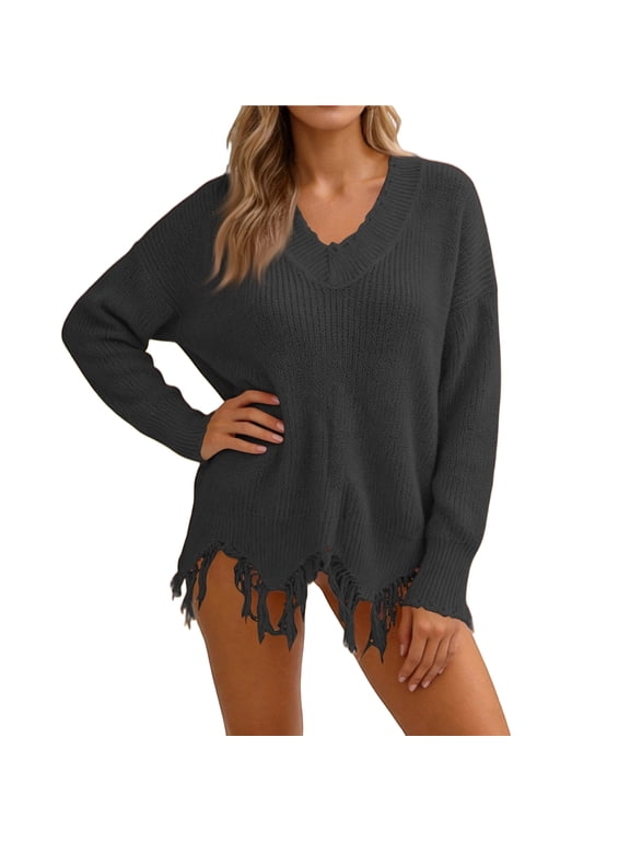 Women's Distressed V-Neck Knit Sweater, Womens Fall Sweaters, Long Sleeve Casual Pullover Top