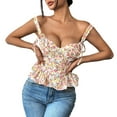 thumbnail image 1 of Women's Ditsy Floral Camisole Vintage Print Shirt Plunge V Neck Tank Tops Fishbone Waist Cami Ruffle Pleated Top Bow Knot Sleeveless Summer Babydoll Shirt, 1 of 8