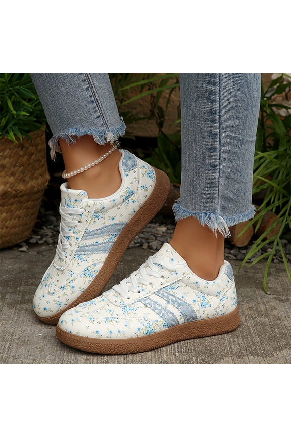 Women's Ditsy Floral Casual Flat Lace Up Sneakers Versatile Sporty Outdoor Shoes Chill Chic Feminine Floral Blue 37