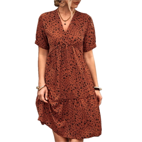 Women's Ditsy Floral Empire Waist Plunge Short Sleeve Dress Peplum Neckline Surplice Style 95% polyester 5% spandex