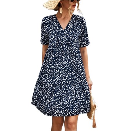 Women's Ditsy Floral Empire Waist Plunge Short Sleeve Dress Peplum Neckline Surplice Style 95% polyester 5% spandex