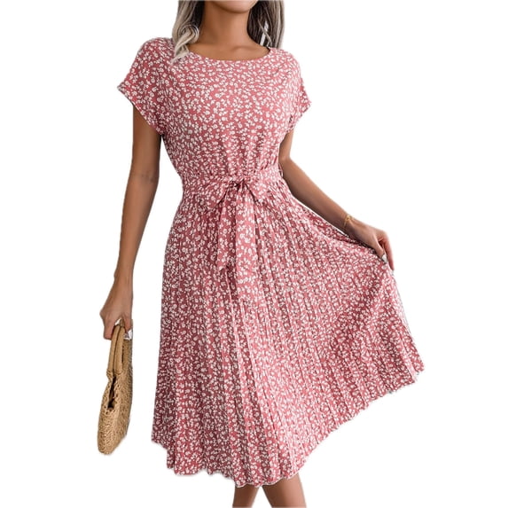 Women's Ditsy Floral Pleated Belted Midi Dress Round Neck Short Sleeves A Line Hem Casual Chic 60% Polyester Dress