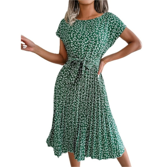 Women's Ditsy Floral Pleated Belted Midi Dress Round Neck Short Sleeves A Line Hem Casual Chic 60% Polyester Dress