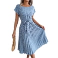 thumbnail image 1 of Women's Ditsy Floral Pleated Belted Midi Dress Round Neck Short Sleeves A Line Hem Casual Chic 60% Polyester Dress, 1 of 13