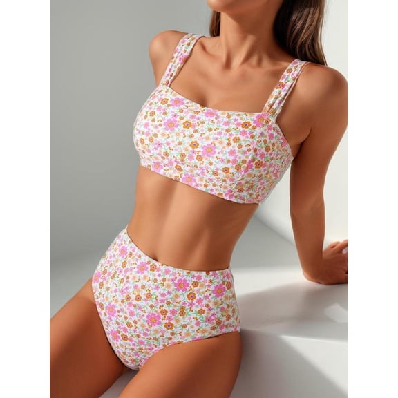 Women's Ditsy Floral Print Padded Bikini Set, Casual Adjustable Strap Swim Bra & Swim Panty, Ladies Swimwear for Summer Beach, Back To School Bikini Sets for Women, Bathing Suits Women, Swimsuit for W