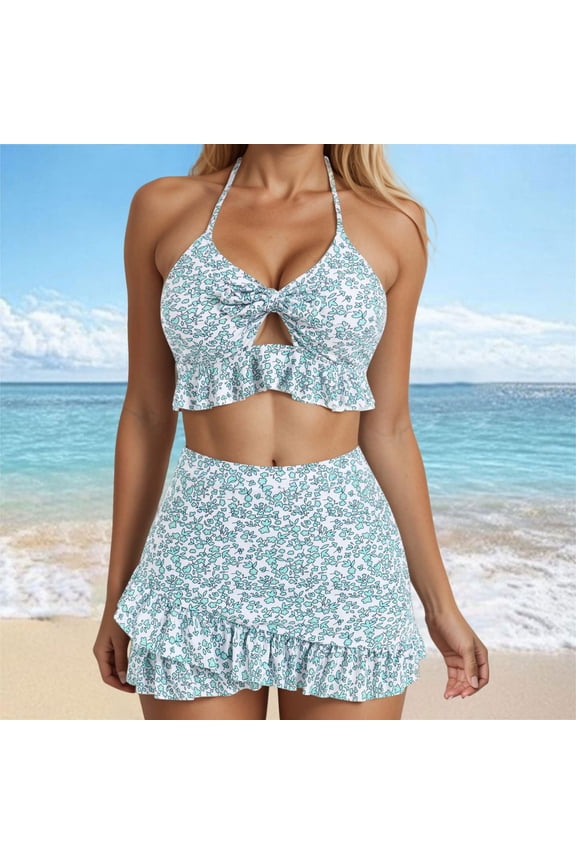 Women's Ditsy Floral Printed Swimsuit Underwired Knotted String Bikini High Cut Bikini Set