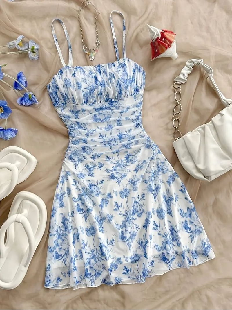 cami mini dress TC Floral Print Sleeveless Model is 58 and wearing size XS ASOS DESIGN cami mini dress