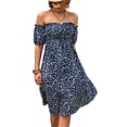 thumbnail image 1 of Women's Ditsy Floral Smocked Frill Trim Off Shoulder Dress Knee Length 95% Polyester 5% Spandex Everyday Wear Casual, 1 of 6