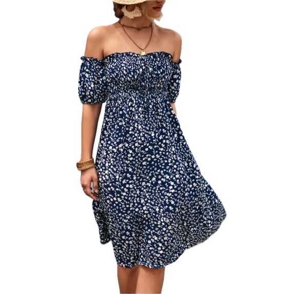 Women's Ditsy Floral Smocked Frill Trim Off Shoulder Dress Knee Length 95% Polyester 5% Spandex Everyday Wear Casual