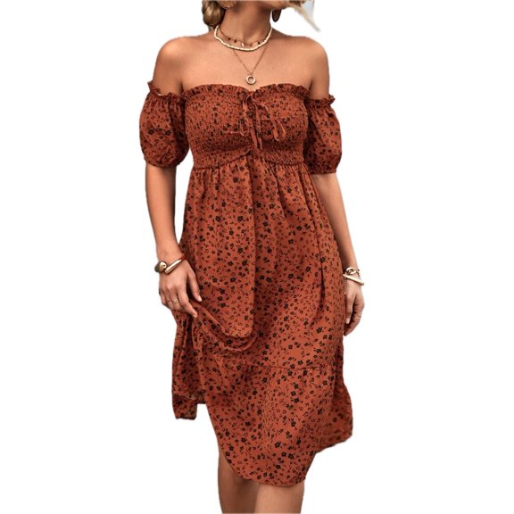Women's Ditsy Floral Smocked Frill Trim Off Shoulder Dress Knee Length 95% Polyester 5% Spandex Everyday Wear Casual