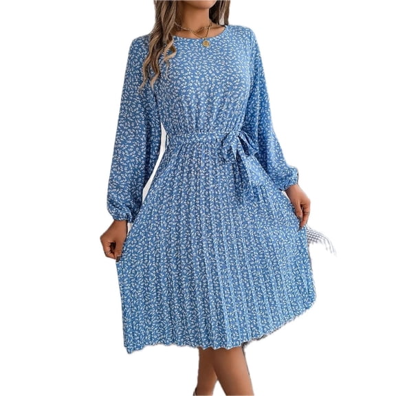 Women's Ditsy Floral Tie Waist Pleated Dress 100% Polyester Fabric Comfortable Lightweight Everyday Wear for Seasons