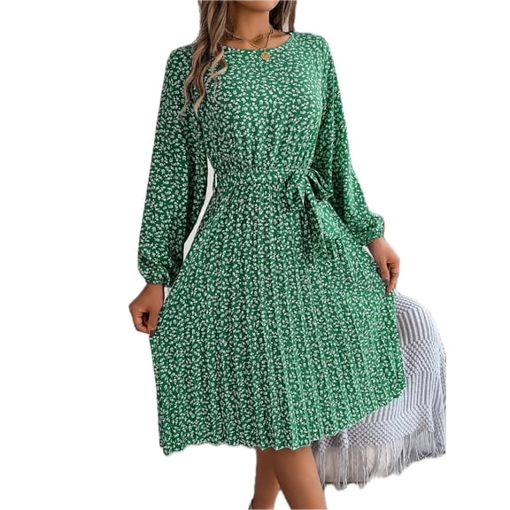Women's Ditsy Floral Tie Waist Pleated Dress 100% Polyester Fabric Comfortable Lightweight Everyday Wear for Seasons