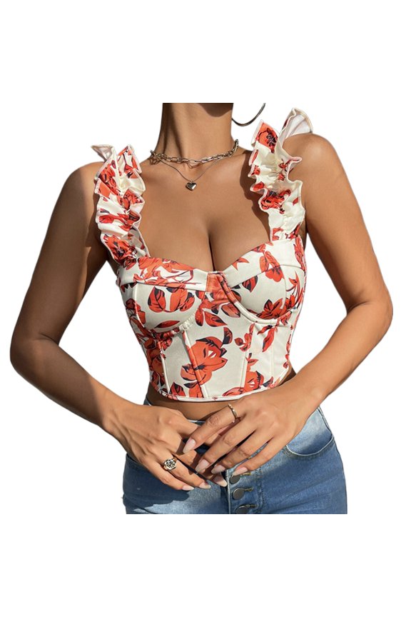 Women’s Ditsy Floral V-Neck Fishbone Crop Corset Cami with Built-In Underwire Padded Bra – All-In-One Shaping Layering & Going-Out Must-Have