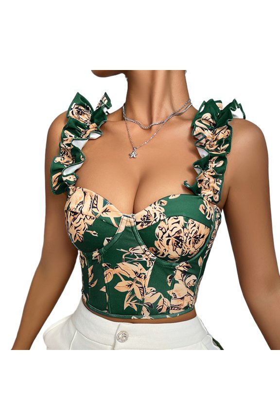 Women’s Ditsy Floral V-Neck Fishbone Crop Corset Cami with Built-In Underwire Padded Bra – All-In-One Shaping Layering & Going-Out Must-Have