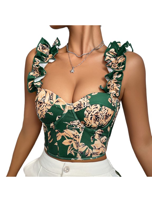 Women’s Ditsy Floral V-Neck Fishbone Crop Corset Cami with Built-In Underwire Padded Bra – All-In-One Shaping Layering & Going-Out Must-Have