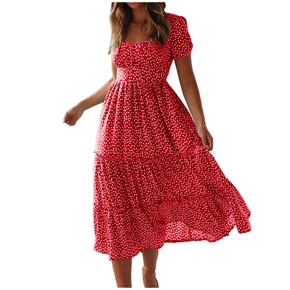 Women's Ditsy Midi Dresses Ruffle Hem Short Puff Sleeve Tiered Chiffon Dresses Square Neck Ruched Bohemian Sundresses