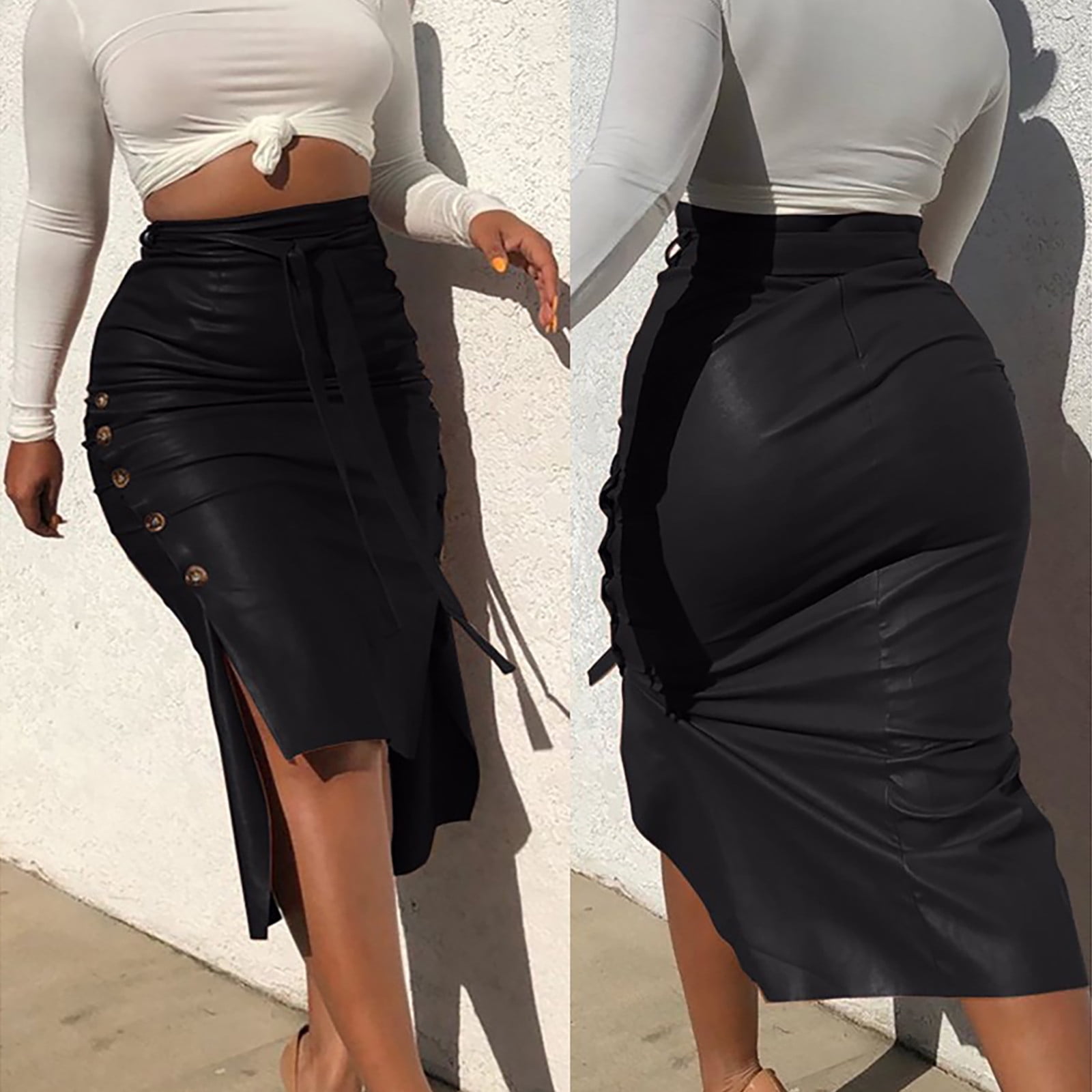 Women s Dlit Slim Mid Length Faux Leather Pencil Skirt High Waist Split Half Body Midi Hip Wrap Skirt Wyongtao Deals Walmart
