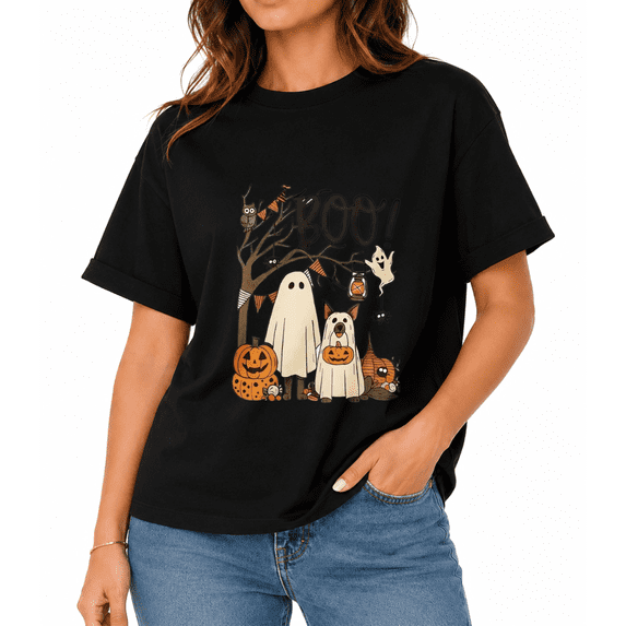 Women's Dog Ghost Pumpkin Graphic T-Shirt, Halloween Fall Casual Short Sleeve Tee