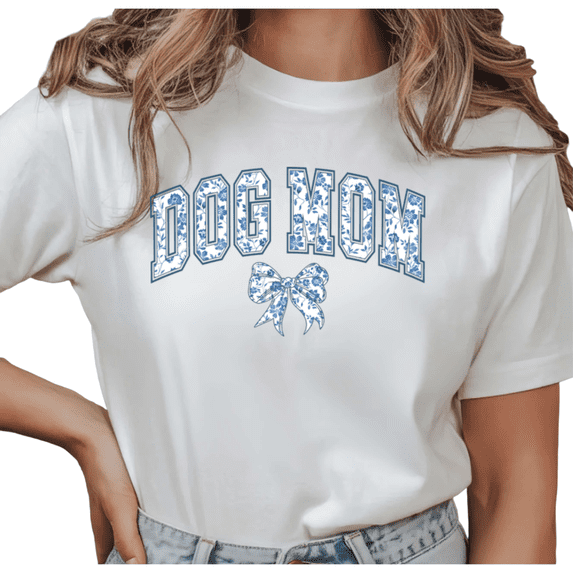 Women's Dog Mom Blue Floral Chinoiserie Bow Varsity Graphic T Shirt Cute Dog Lover Gift Idea Short Sleeve Round Neck Top White S-5XL