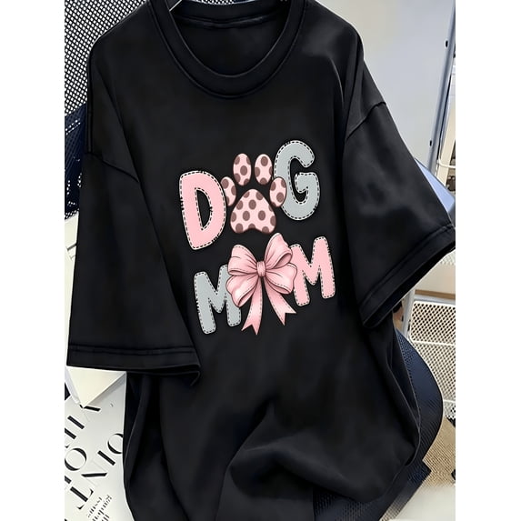 Women's Dog Mom Graphic T‑Shirt, Paw Print Pink Bow Short‑Sleeve Crew Neck Casual Pet Lover Top