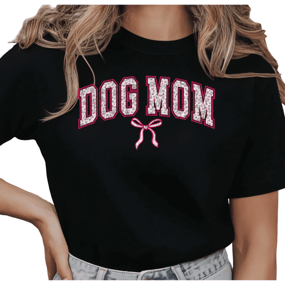 Women's Dog Mom Pink Glitter Bow Varsity Graphic T Shirt Cute Dog Lover Gift Idea Short Sleeve Round Neck Top Black S-5XL