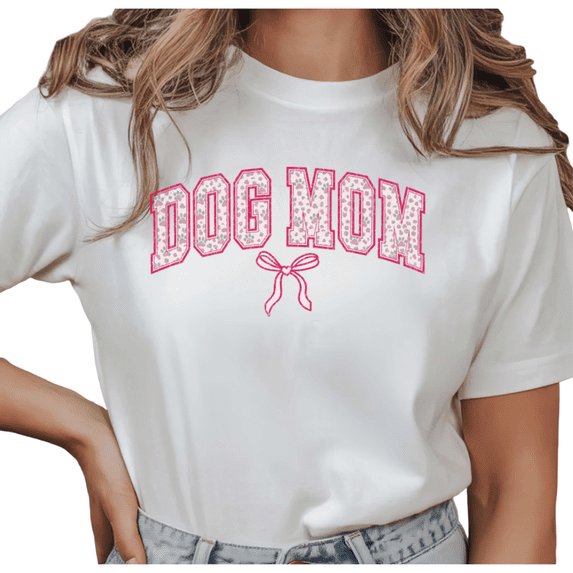 Women's Dog Mom Pink Glitter Bow Varsity Graphic T Shirt Cute Dog Lover Gift Idea Short Sleeve Round Neck Top White S-5XL