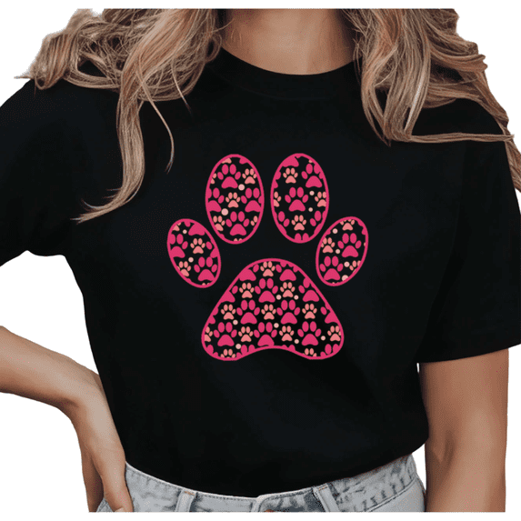 Women's Dog Mom Pink Paw Print Pattern Graphic Breathable T Shirt Cute Dog Lover Short Sleeve Round Neck Top Black S-5XL