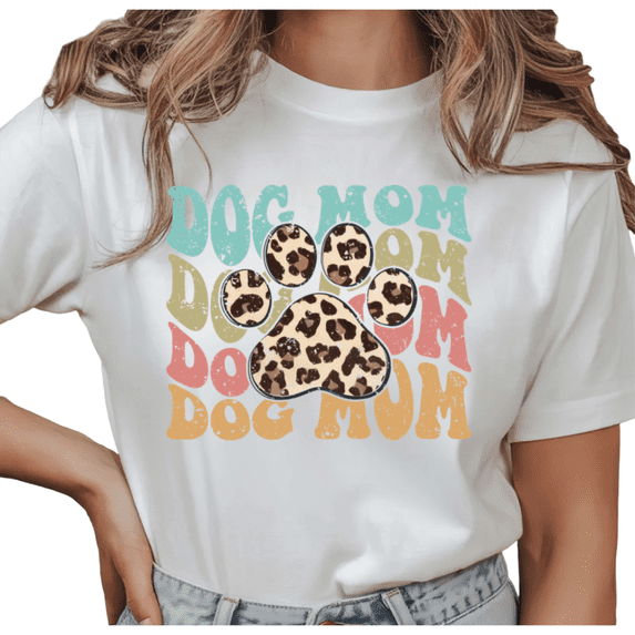 Women's Dog Mom Stacked Leopard Paw Print Graphic Comfortable T Shirt Dog Lover Short Sleeve Round Neck Top White S-5XL