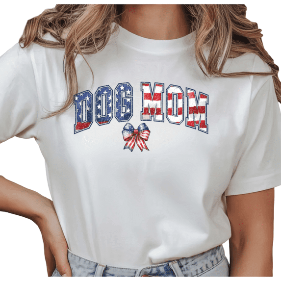 Women's Dog Mom USA Flag Patriotic Bow Graphic Comfortable T Shirt Gift Idea Short Sleeve Round Neck Top White S-5XL