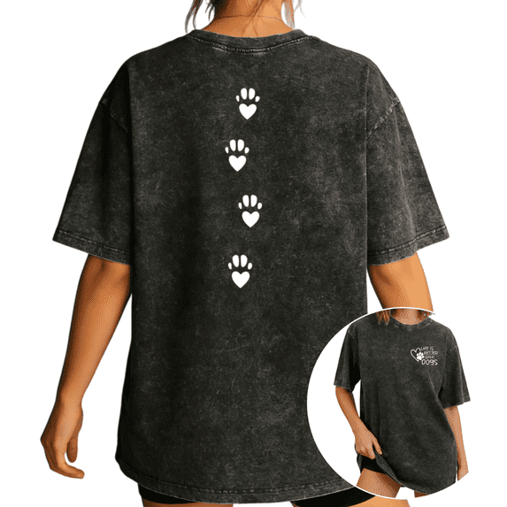 Women's Dog Paw Print Heart Back Graphic "Rescue Better With Dogs" Vintage Washed Tee Black S-2XL Plus Size